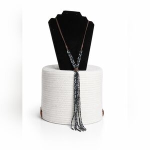 JAMIE ROCKS NYC Brown Cord Iridescent Glass Bead Y Drop Statement Necklace